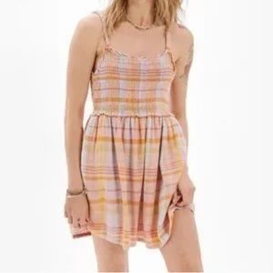 American Eagle Smocked Plaid Stripe Keyhole Dress A Line Orange Pink Size Small